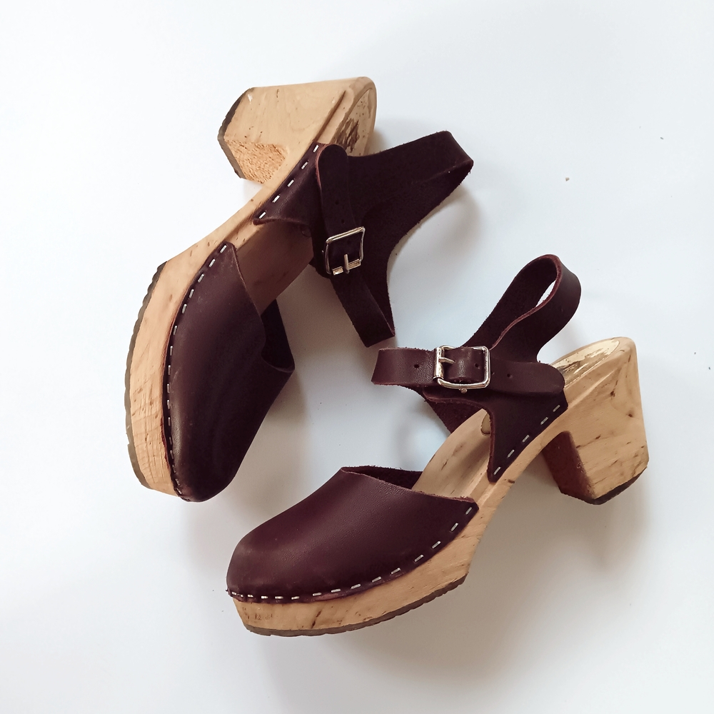 Lotta's Lotta From Stockholm Highwood Aubergine Leather Swedish Wooden Clogs 38 - Picture 3 of 9